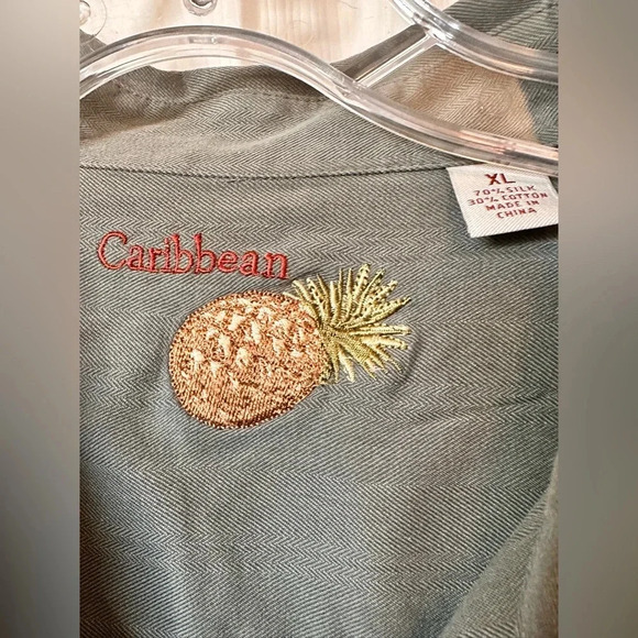 Men’s Caribbean Joe Army Green Hawaiian Print Button Down Casual Shirt - Picture 3 of 4